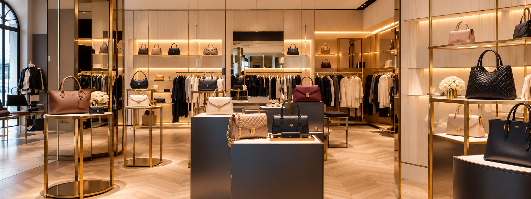 Fashion boutique displaying clothing and handbags